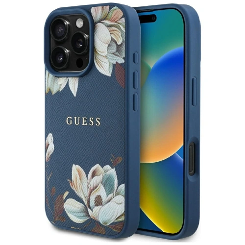 Kup Guess Grained Printed Flower Pattern MagSafe Apple iPhone 16 Pro kék - GUE4429 - {ean13} - Sklep Home Screen