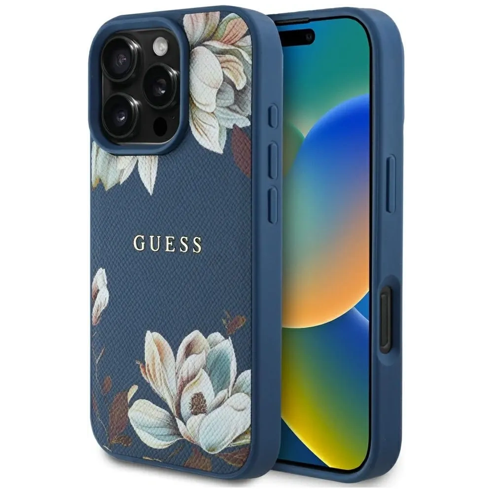 Etui Guess Grained Printed Flower Pattern MagSafe do Apple iPhone 16 Pro niebieski
