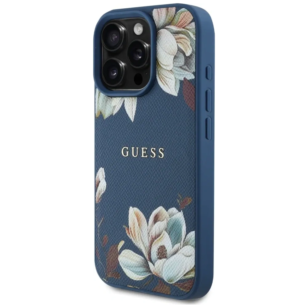 Etui Guess Grained Printed Flower Pattern MagSafe do Apple iPhone 16 Pro niebieski