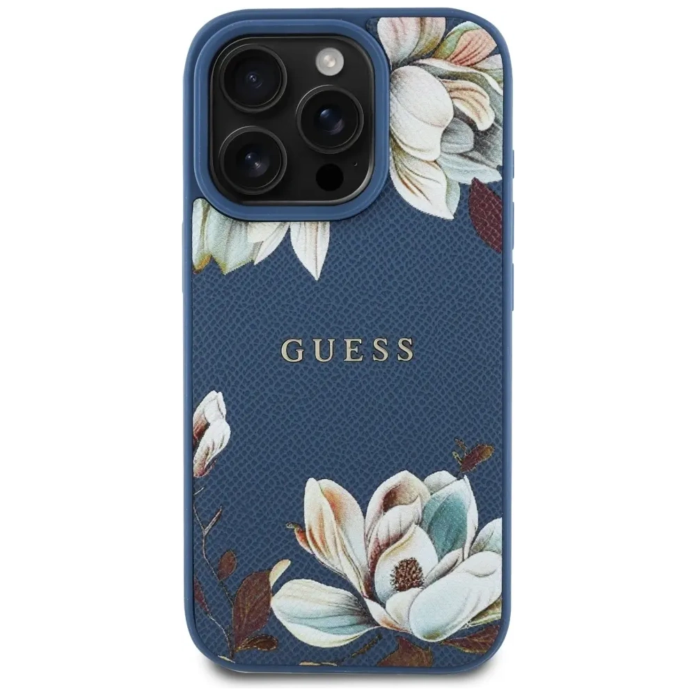 Etui Guess Grained Printed Flower Pattern MagSafe do Apple iPhone 16 Pro niebieski