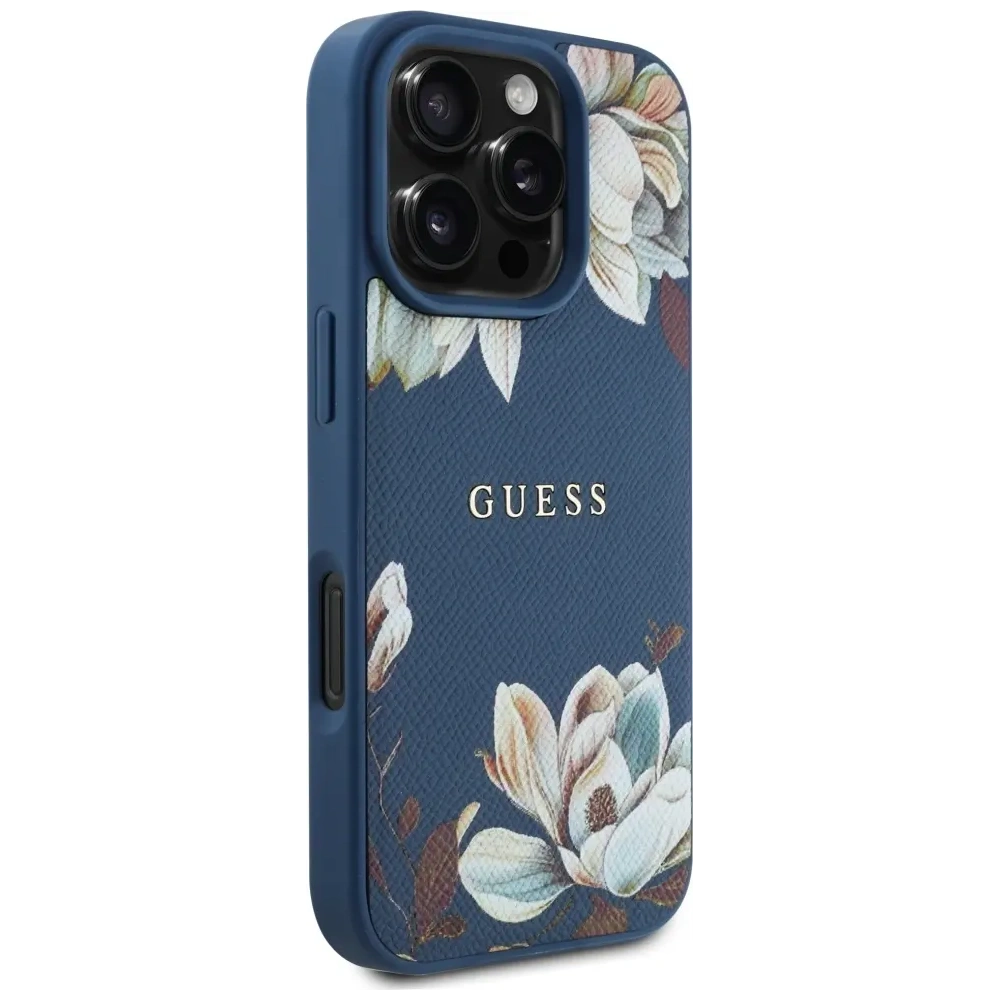 Etui Guess Grained Printed Flower Pattern MagSafe do Apple iPhone 16 Pro niebieski