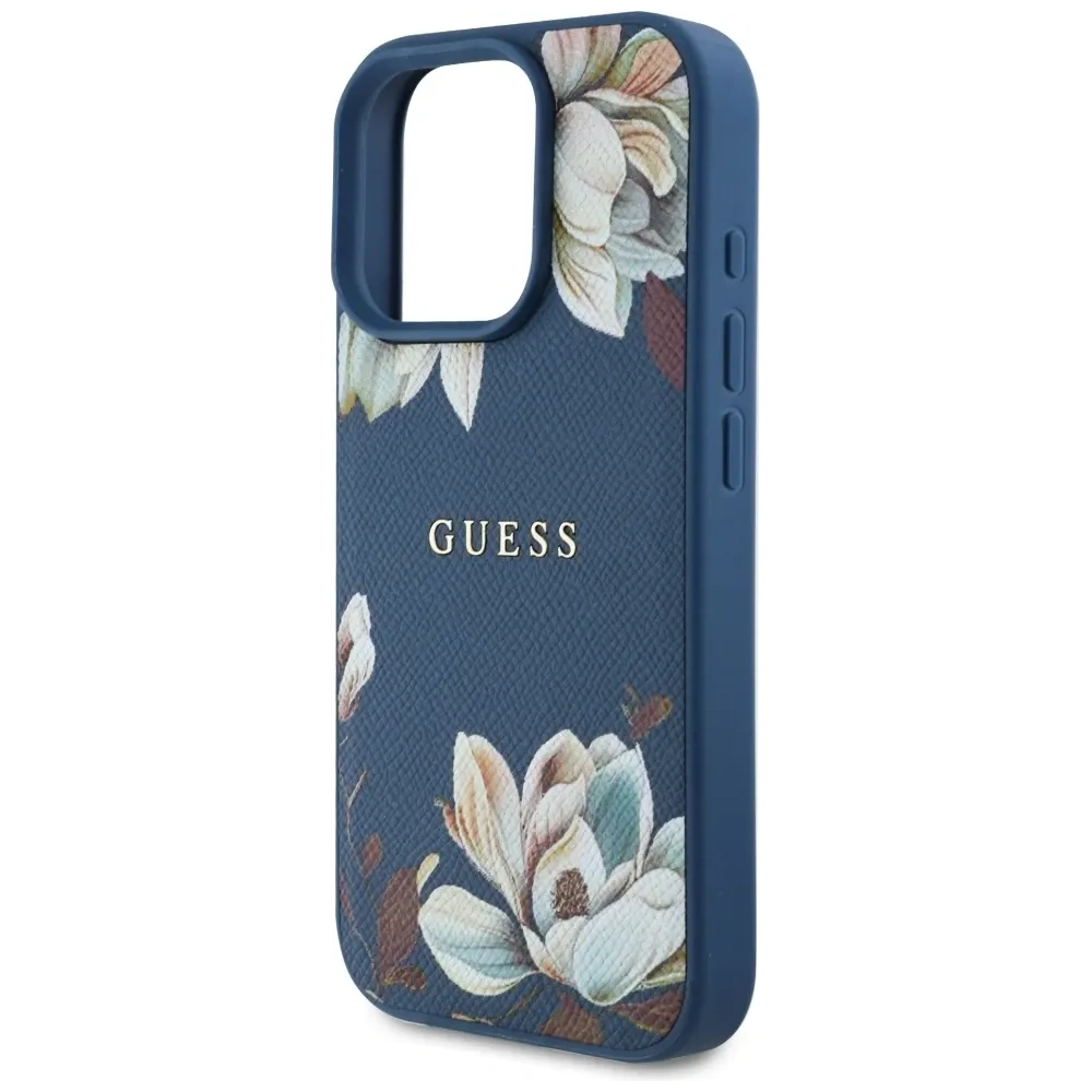 Etui Guess Grained Printed Flower Pattern MagSafe do Apple iPhone 16 Pro niebieski