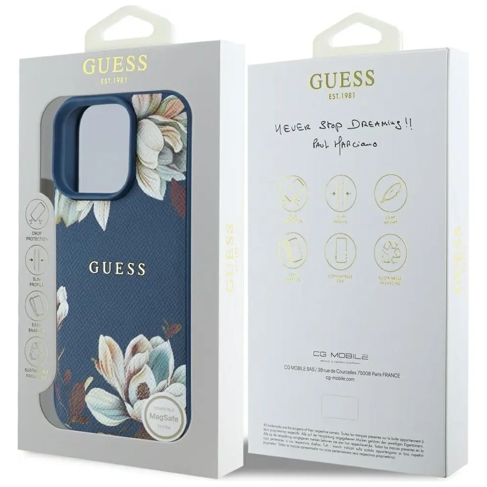 Etui Guess Grained Printed Flower Pattern MagSafe do Apple iPhone 16 Pro niebieski