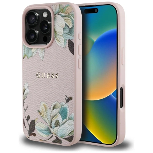 Kup Guess Grained Printed Flower Pattern MagSafe Apple iPhone 16 Pro rózsaszín - GUE4430 - {ean13} - Sklep Home Screen