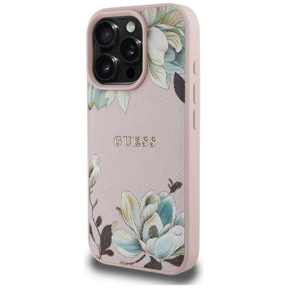 Etui Guess Grained Printed Flower Pattern MagSafe do Apple iPhone 16 Pro różowy