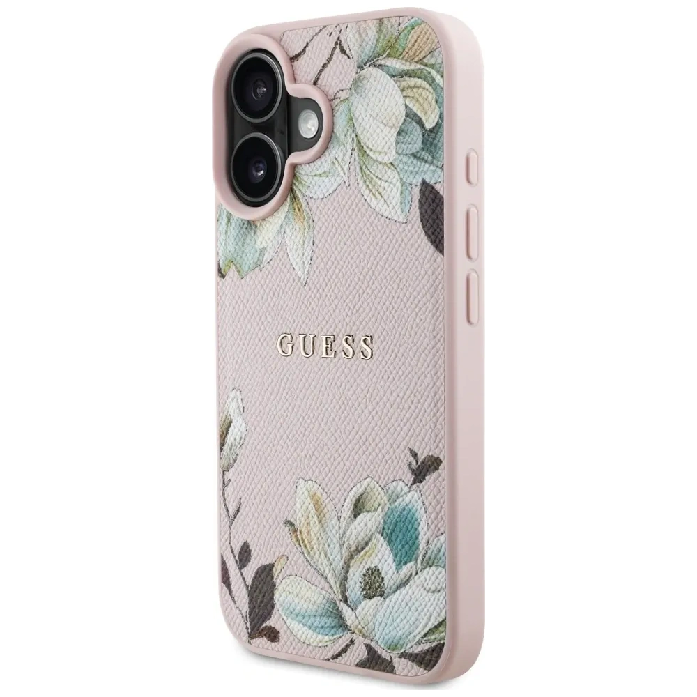 Etui Guess Grained Printed Flower Pattern MagSafe do Apple iPhone 16 różowy