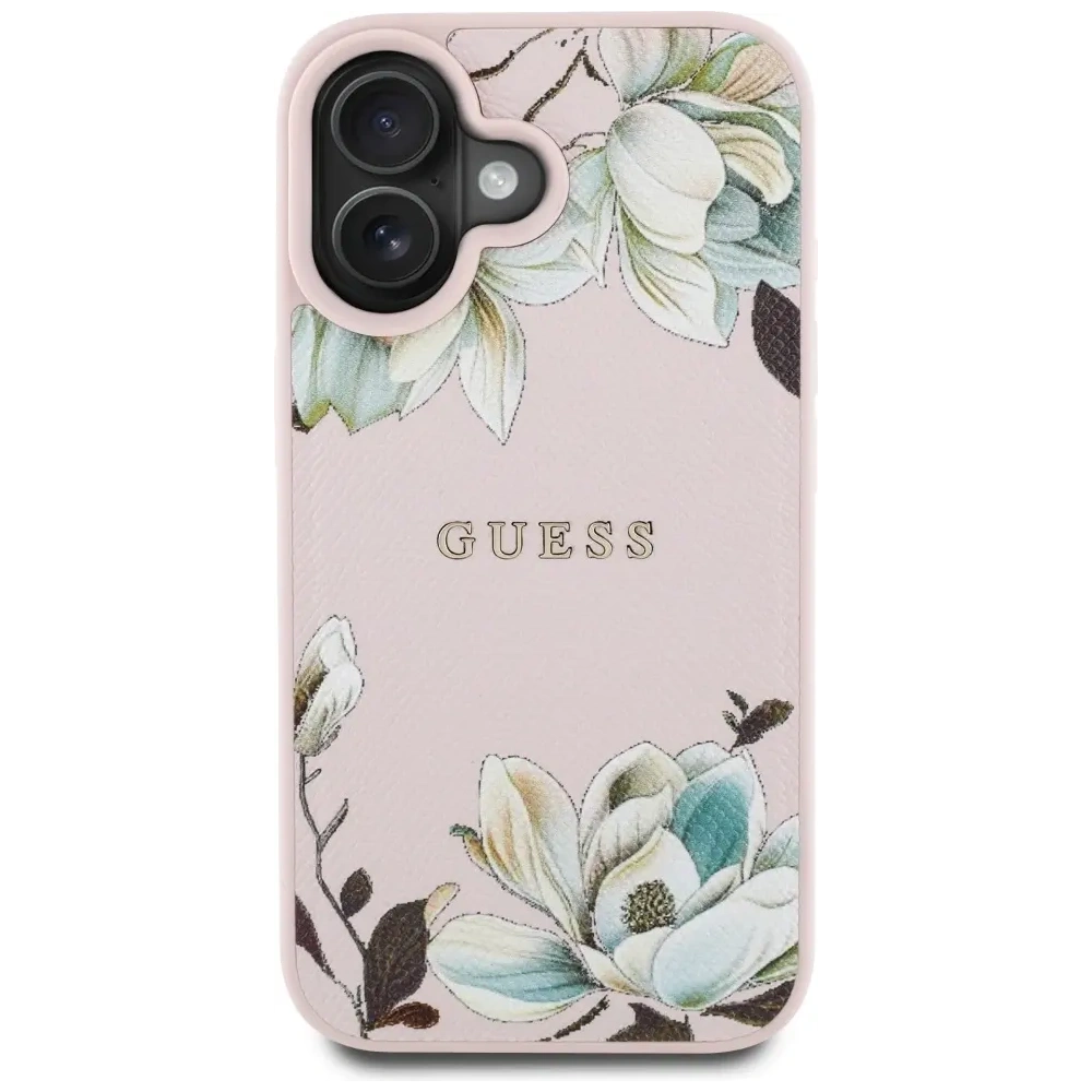 Etui Guess Grained Printed Flower Pattern MagSafe do Apple iPhone 16 różowy