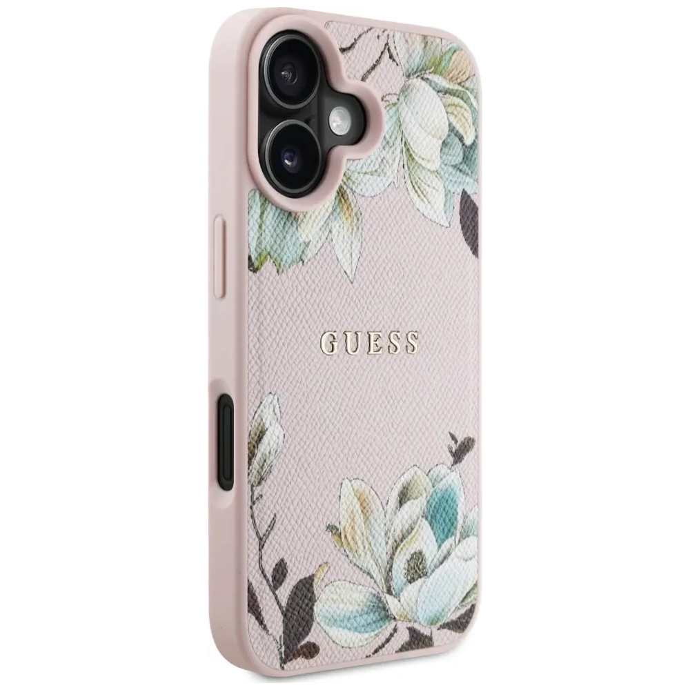 Etui Guess Grained Printed Flower Pattern MagSafe do Apple iPhone 16 różowy