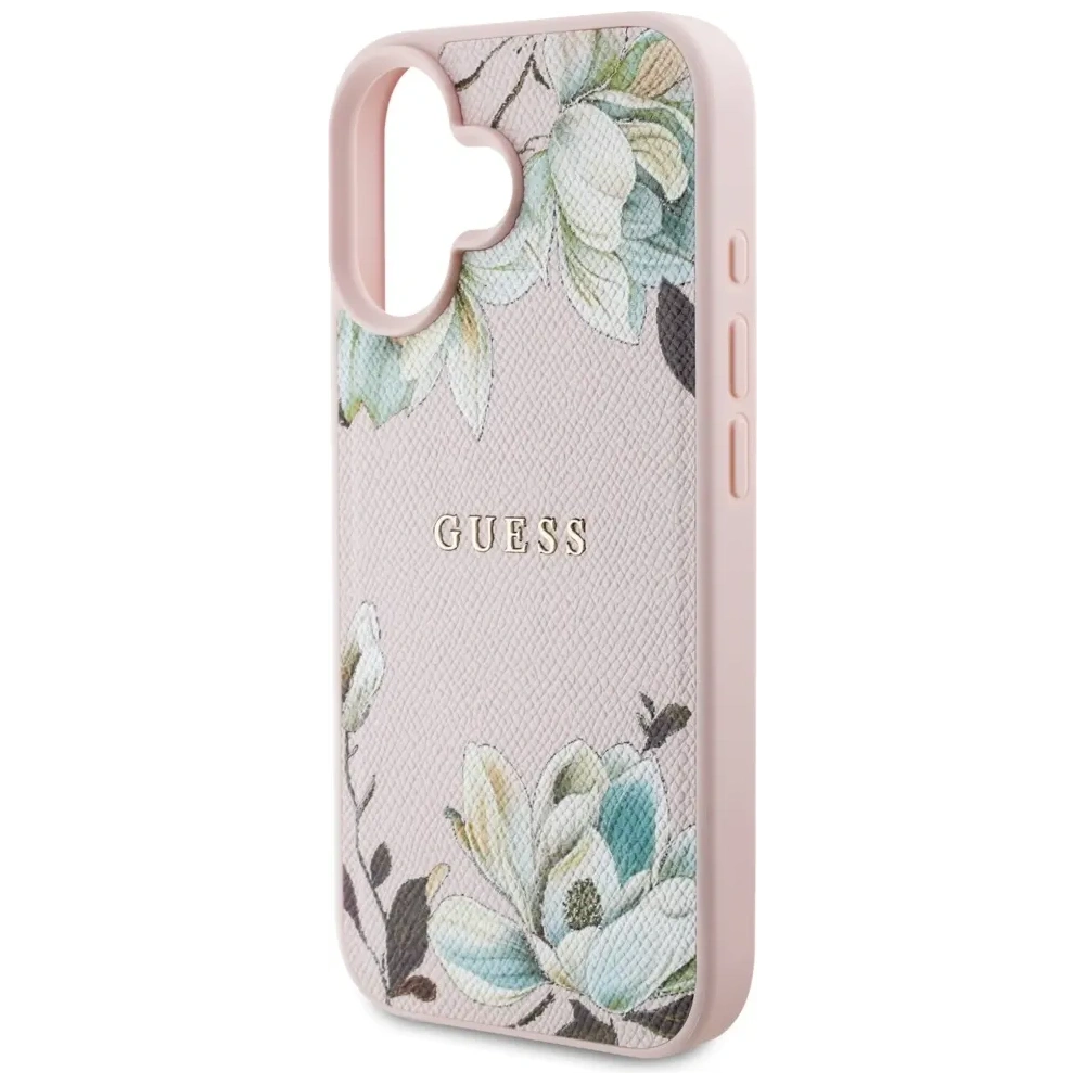 Etui Guess Grained Printed Flower Pattern MagSafe do Apple iPhone 16 różowy