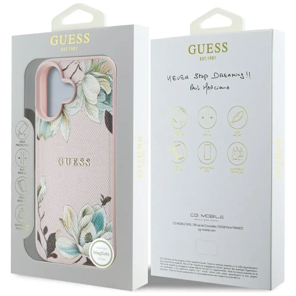 Etui Guess Grained Printed Flower Pattern MagSafe do Apple iPhone 16 różowy