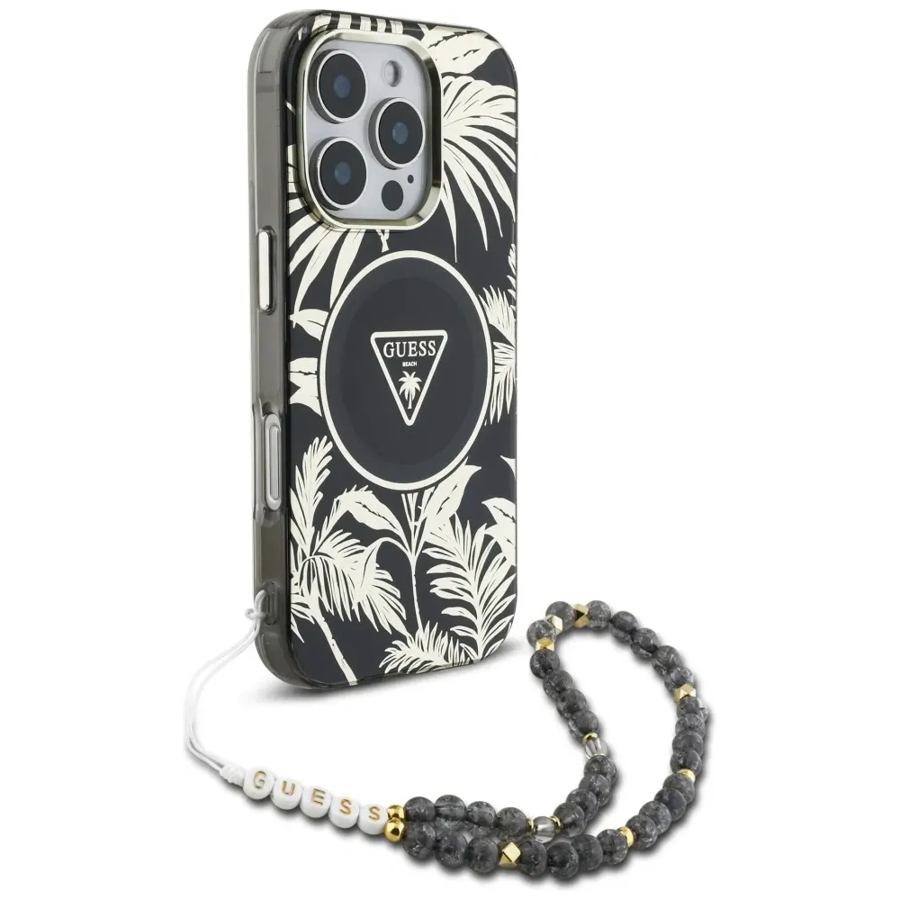 Etui Guess Palm Trees Triangle Pearl Strap MagSafe do Apple iPhone 16 Pro czarny