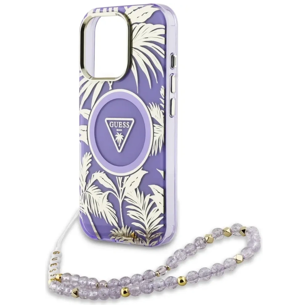 Etui Guess Palm Trees Triangle Pearl Strap MagSafe do Apple iPhone 16 Pro fioletowy