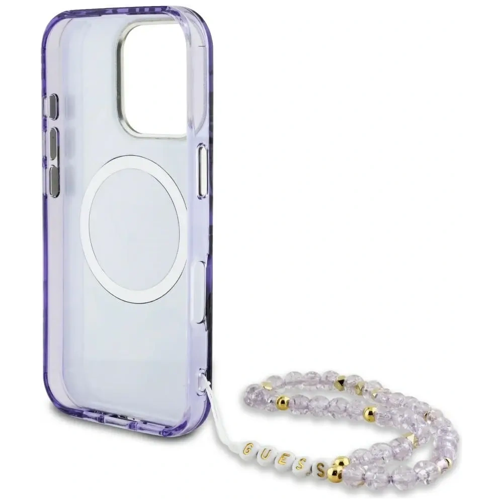 Etui Guess Palm Trees Triangle Pearl Strap MagSafe do Apple iPhone 16 Pro fioletowy
