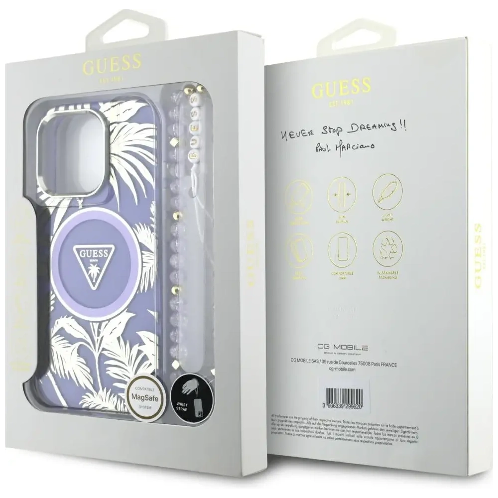 Etui Guess Palm Trees Triangle Pearl Strap MagSafe do Apple iPhone 16 Pro fioletowy