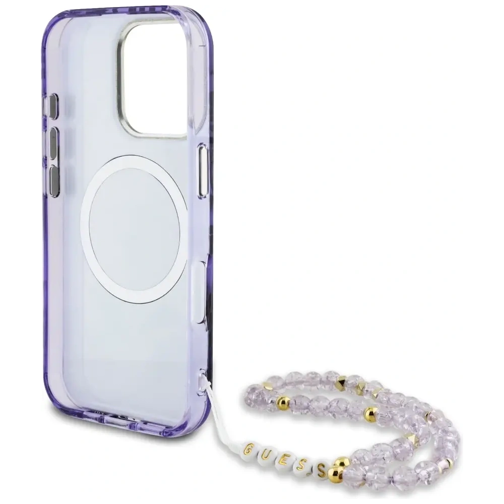 Etui Guess Palm Trees Triangle Pearl Strap MagSafe do Apple iPhone 16 Pro Max fioletowy