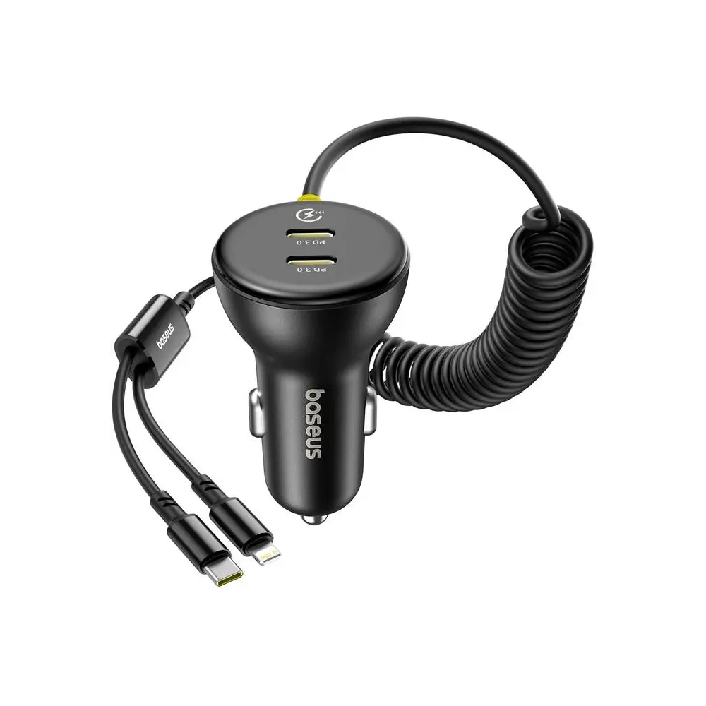 Ładowarka samochodowa Baseus 60W 2xUSB-C + wbudowany kabel USB-C, Lightning (Czarna)