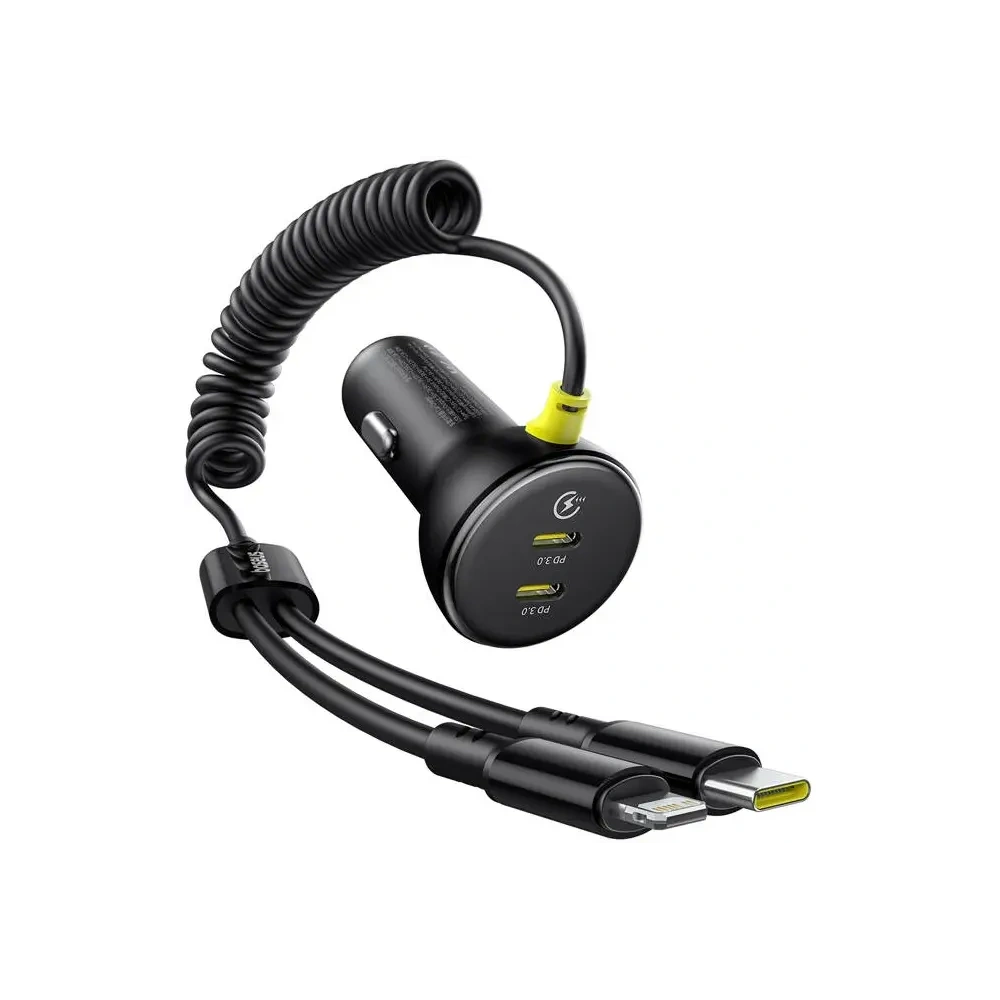 Ładowarka samochodowa Baseus 60W 2xUSB-C + wbudowany kabel USB-C, Lightning (Czarna)