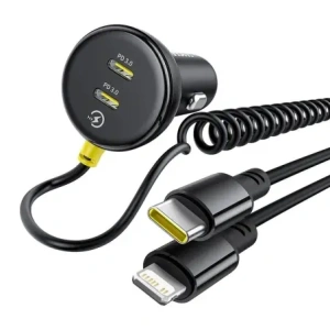 Buy Baseus 60W 2xUSB-C car charger + built-in USB-C, Lightning cable (Black) - BSU8934 - {ean13} - Home Screen Store Europe
