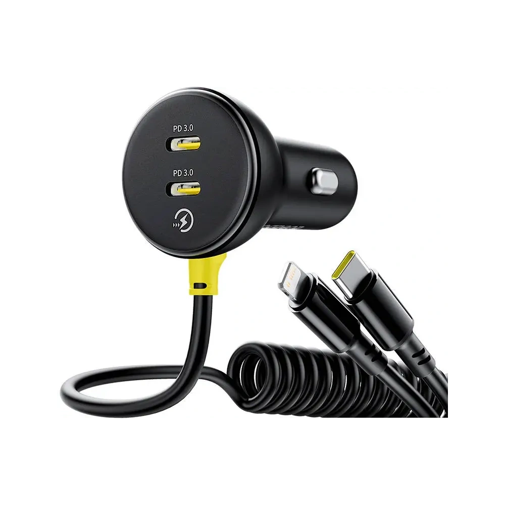 Ładowarka samochodowa Baseus 60W 2xUSB-C + wbudowany kabel USB-C, Lightning (Czarna)