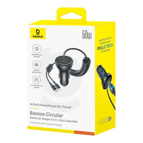 Kup Ładowarka samochodowa Baseus 60W 2xUSB-C + wbudowany kabel USB-C, Lightning (Czarna) - BSU8934 - {ean13} - Sklep Home Screen