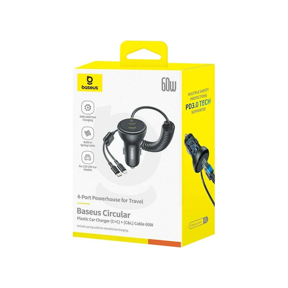 Ładowarka samochodowa Baseus 60W 2xUSB-C + wbudowany kabel USB-C, Lightning (Czarna)