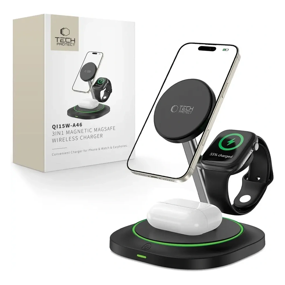 Ładowarka bezprzewodowa 3w1 Tech-Protect QI15W-A46 Magnetic MagSafe Wireless Charger Black