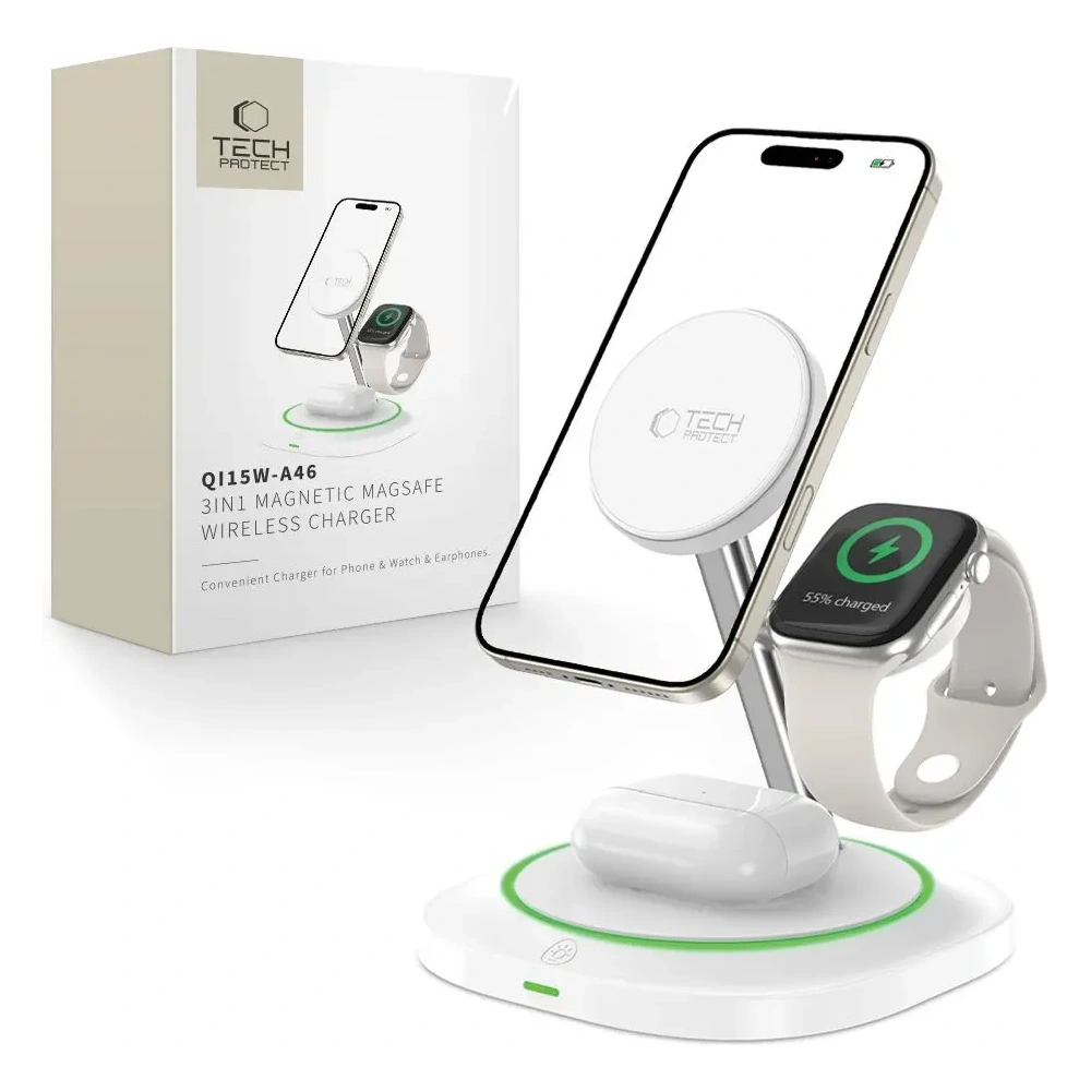 Ładowarka bezprzewodowa 3w1 Tech-Protect QI15W-A46 Magnetic MagSafe Wireless Charger White