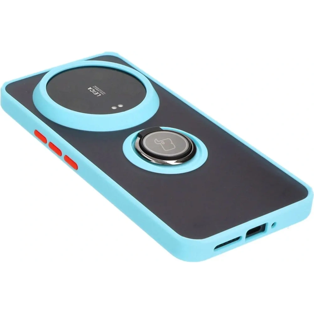 [OUTLET] Etui z uchwytem na palec Bizon Case Hybrid Ring do Xiaomi 14 Ultra przydymione z jasnoniebieską ramką