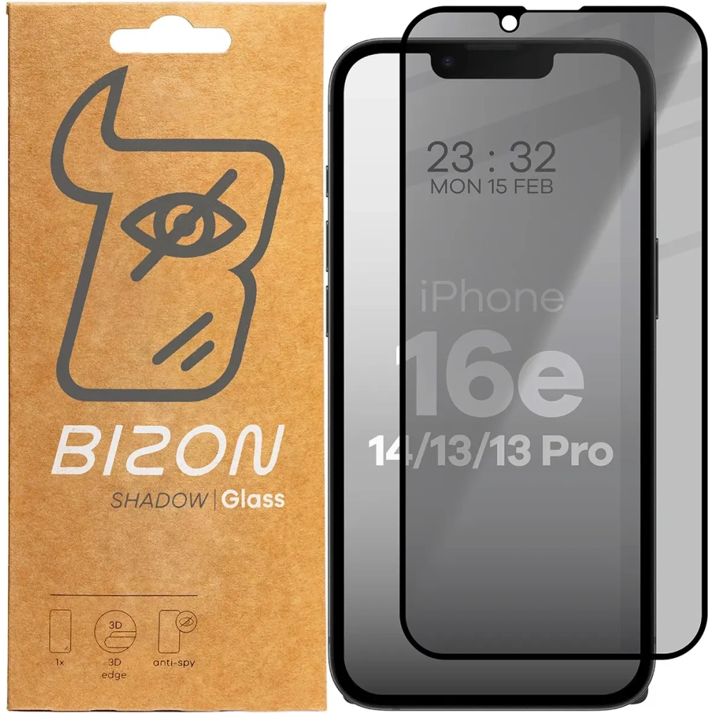Prywatyzujące szkło hartowane Bizon Glass Edge Shadow do Apple iPhone 16e / 14 / 13 Pro / 13 przyciemniane z czarną ramką