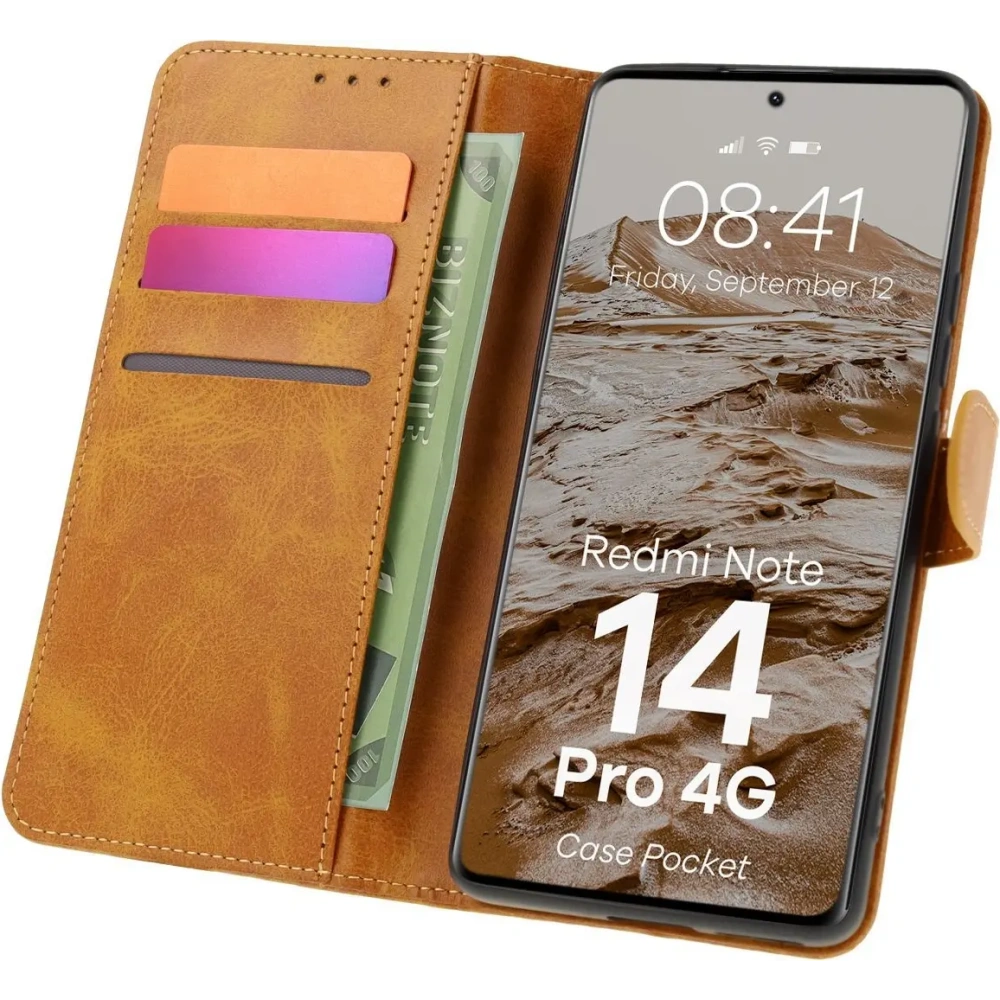 Etui z klapką Bizon Case Pocket do Xiaomi Redmi Note 14 Pro 4G brązowe