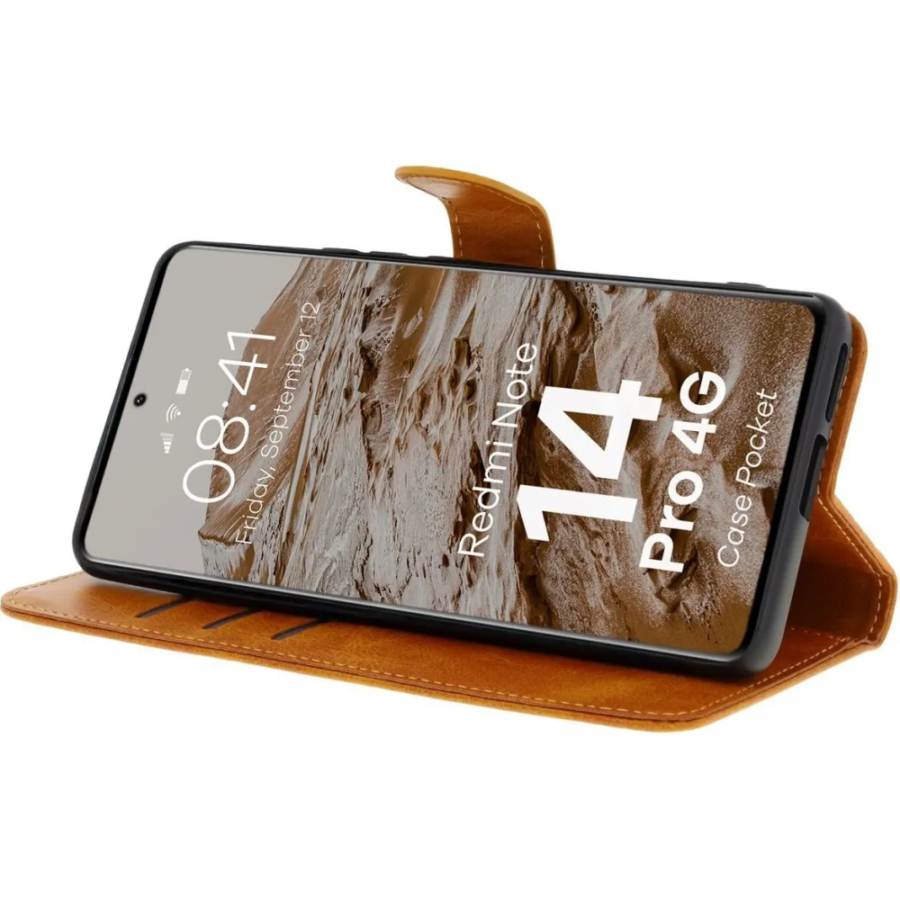 Etui z klapką Bizon Case Pocket do Xiaomi Redmi Note 14 Pro 4G brązowe