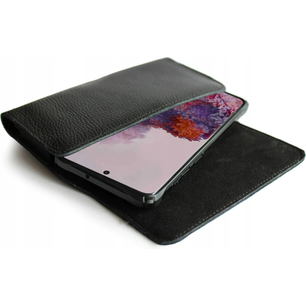 Skórzana kabura LURESKO FREYA XL do paska etui na telefon 165x82x10mm (czarny karbowany czarna nić)