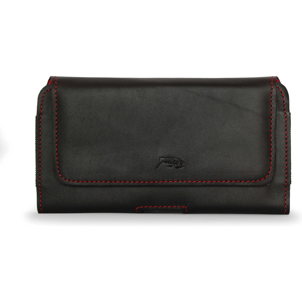 Skórzana kabura LURESKO FREYA XL do paska etui na telefon 165x82x10mm (czarny gładki czerwona nić czerwony środek)