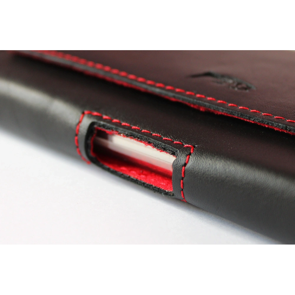 Skórzana kabura LURESKO FREYA XL do paska etui na telefon 165x82x10mm (czarny gładki czerwona nić czerwony środek)