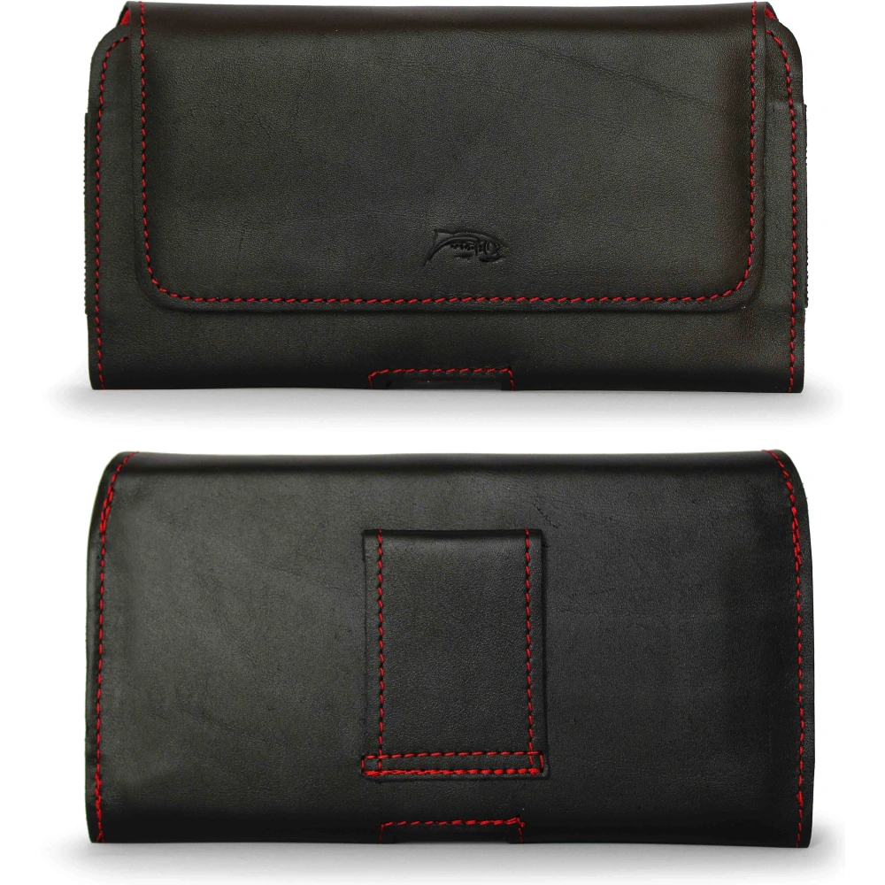 Skórzana kabura LURESKO FREYA XL do paska etui na telefon 165x82x10mm (czarny gładki czerwona nić czerwony środek)