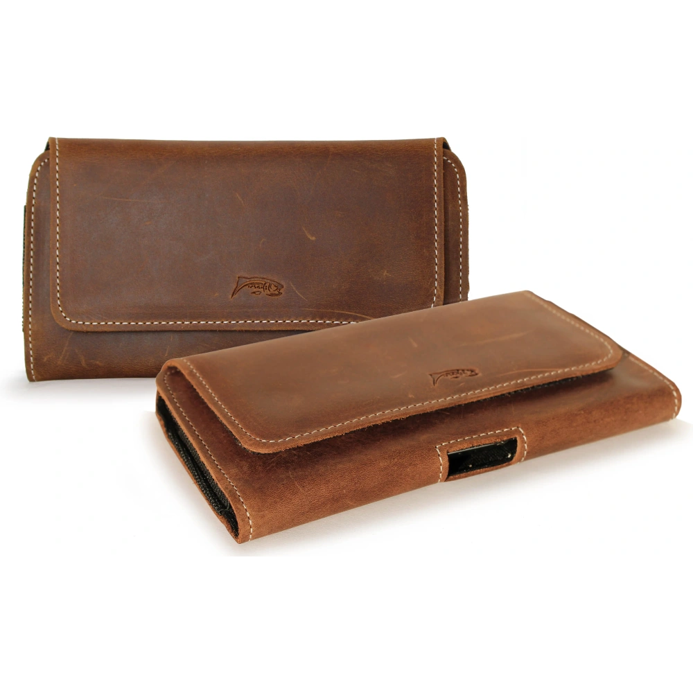 Skórzana kabura LURESKO FREYA XXL do paska etui na telefon 170x85x10mm (brąz vintage biała nić)