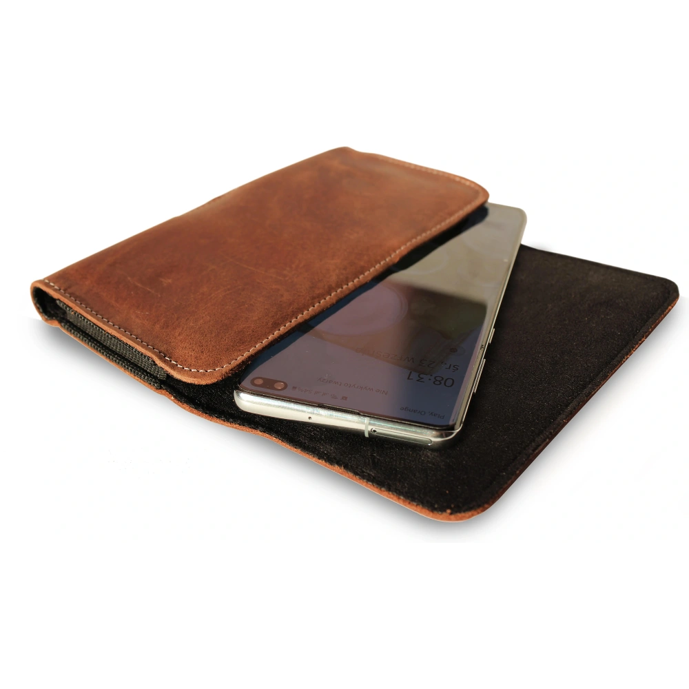 Skórzana kabura LURESKO FREYA XXL do paska etui na telefon 170x85x10mm (brąz vintage biała nić)