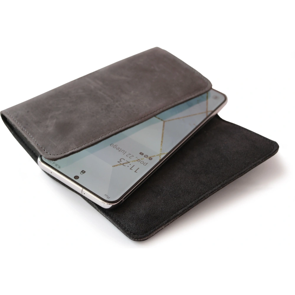 Skórzana kabura LURESKO FREYA XXL do paska etui na telefon 170x85x10mm (szary vintage szara nić)