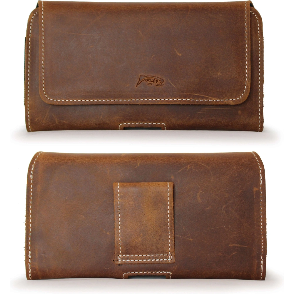 Skórzana kabura LURESKO FREYA XXL do paska etui na telefon 170x85x10mm (brąz vintage biała nić)