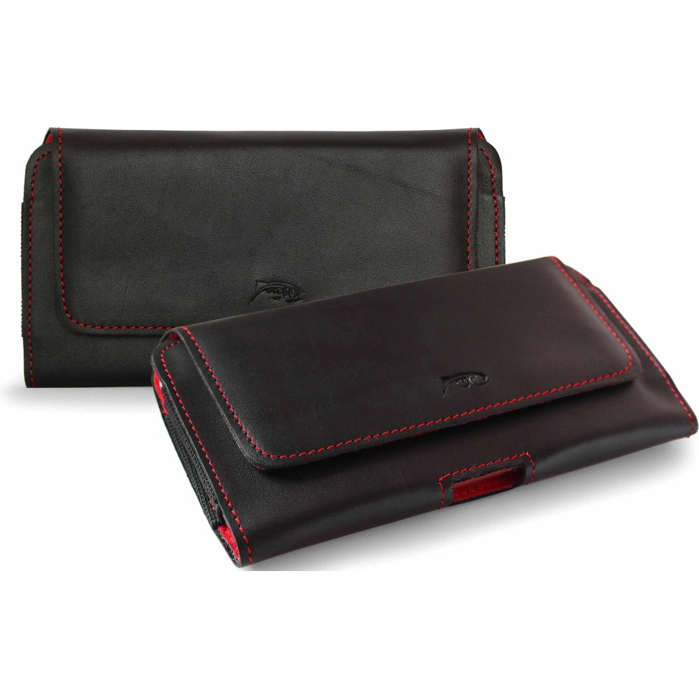 Skórzana kabura LURESKO FREYA XXL do paska etui na telefon 170x85x10mm (czarny gładki czerwona nić czerwony środek)