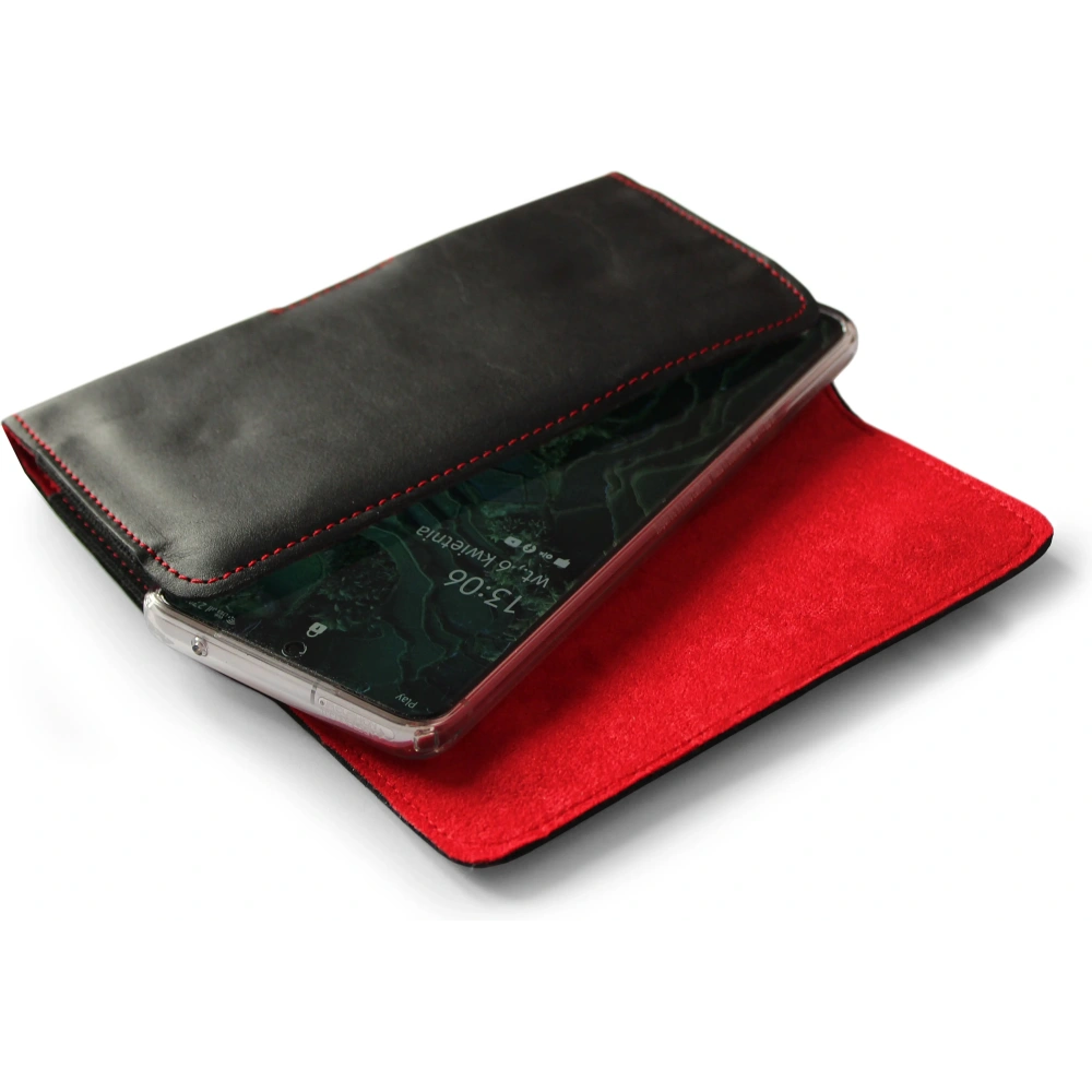 Skórzana kabura LURESKO FREYA XXL do paska etui na telefon 170x85x10mm (czarny gładki czerwona nić czerwony środek)