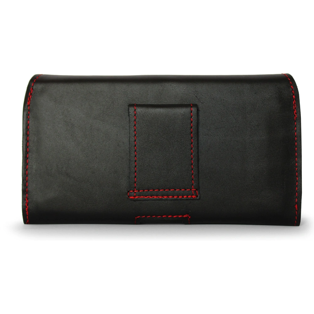 Skórzana kabura LURESKO FREYA XXL do paska etui na telefon 170x85x10mm (czarny gładki czerwona nić czerwony środek)