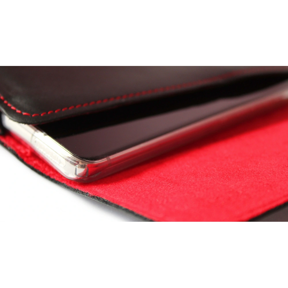 Skórzana kabura LURESKO FREYA XXL do paska etui na telefon 170x85x10mm (czarny gładki czerwona nić czerwony środek)