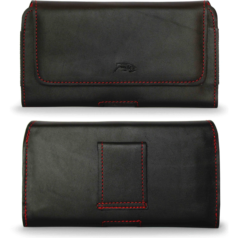 Skórzana kabura LURESKO FREYA XXL do paska etui na telefon 170x85x10mm (czarny gładki czerwona nić czerwony środek)