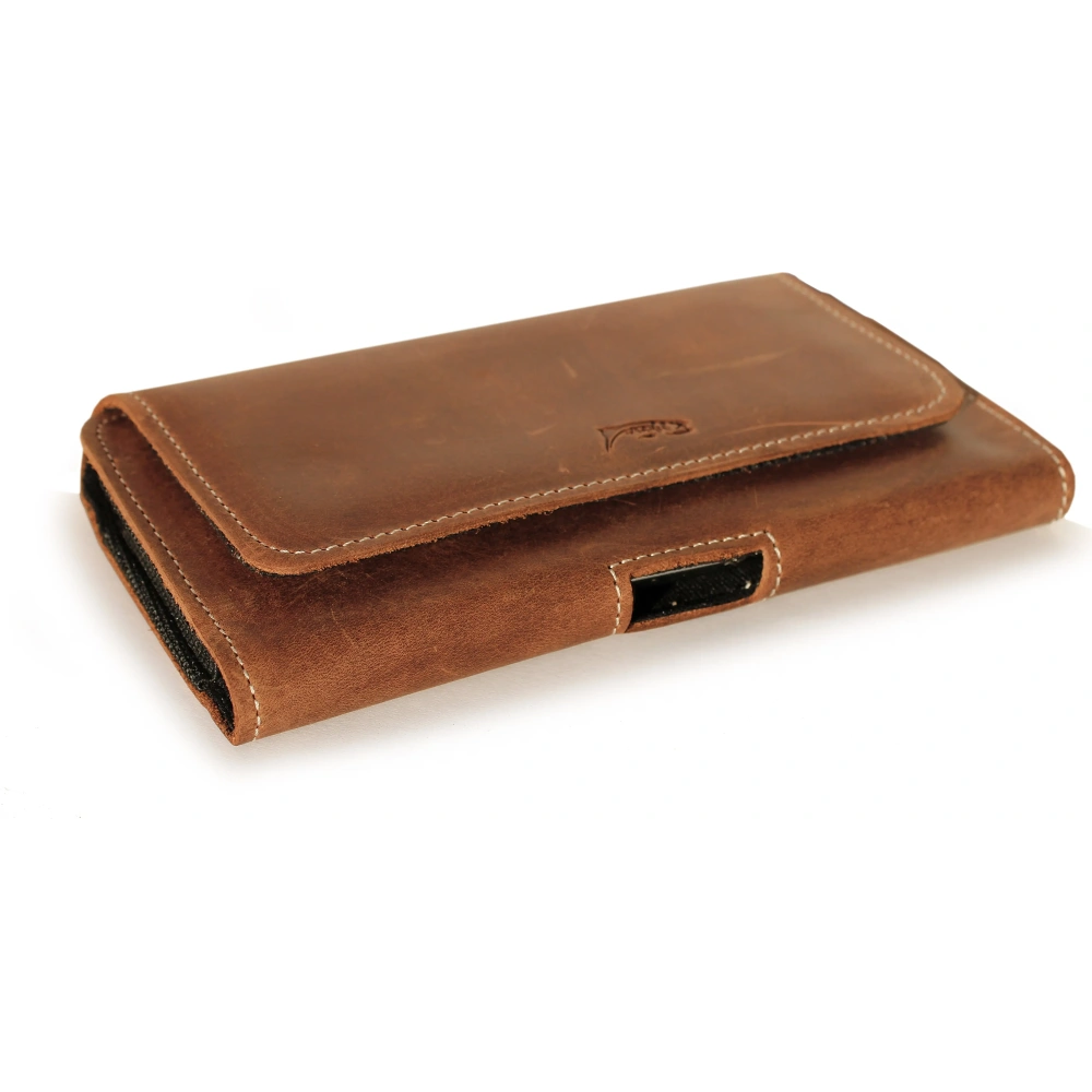 Skórzana kabura LURESKO FREYA 3XL do paska etui na telefon 175x83x15 (brąz vintage  biała nić)