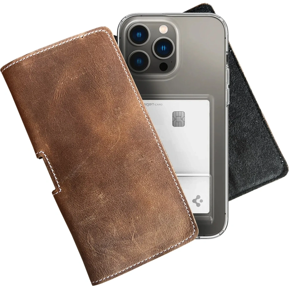 Skórzana kabura LURESKO FREYA 3XL do paska etui na telefon 175x83x15 (brąz vintage  biała nić)