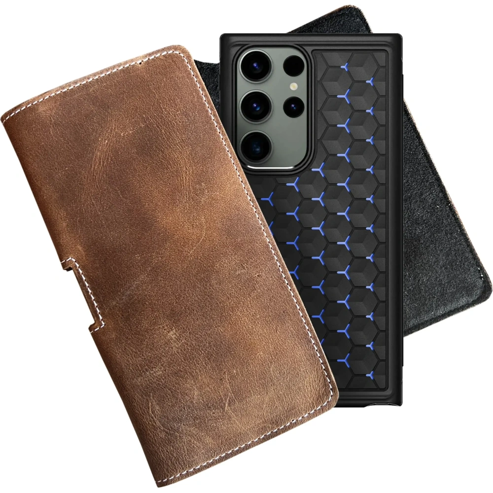 Skórzana kabura LURESKO FREYA 3XL do paska etui na telefon 175x83x15 (brąz vintage  biała nić)