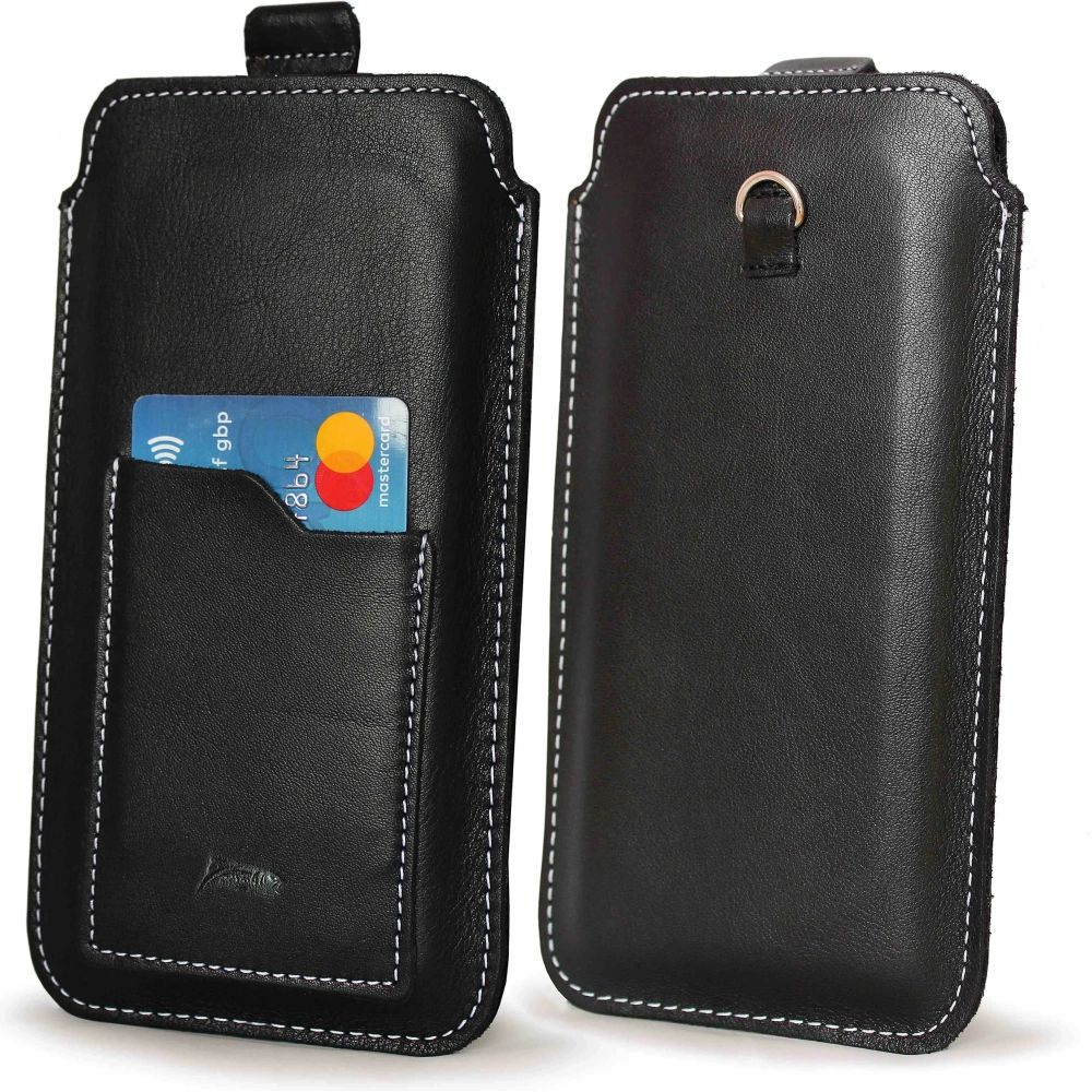 Skórzane etui uniwersalne LURESKO ASTER XXXL z oczkiem na smycz wsuwka na telefon 6.5' - 6.9' (czarny gładki biała nić)