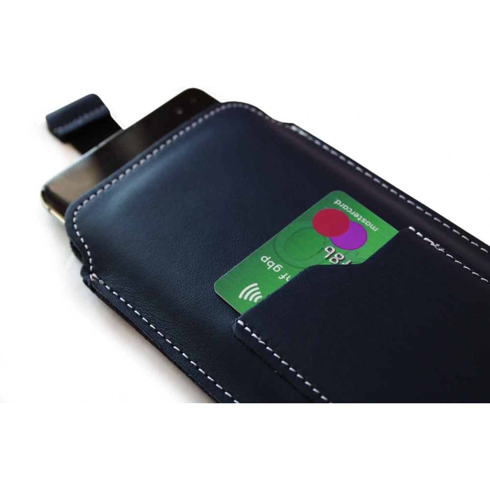 Skórzane etui uniwersalne LURESKO ASTER XXXL z oczkiem na smycz wsuwka na telefon 6.5' - 6.9' (granatowy biała nić)