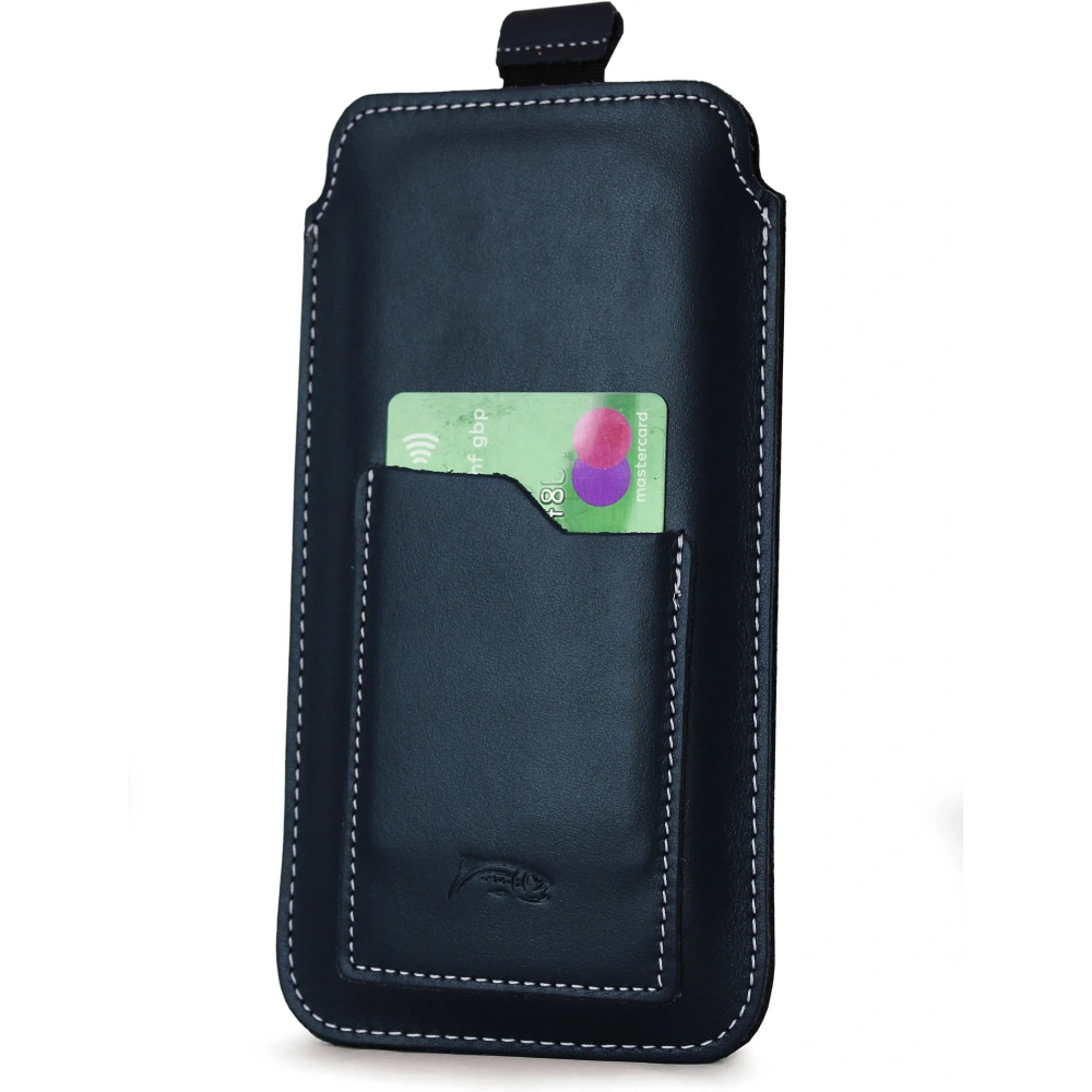 Skórzane etui uniwersalne LURESKO ASTER XXXL z oczkiem na smycz wsuwka na telefon 6.5' - 6.9' (granatowy biała nić)